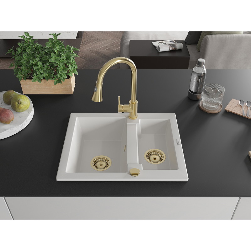 Mexen Carlos granite sink 1.5-bowl with Elia kitchen faucet, white - 6518-20-670101-50