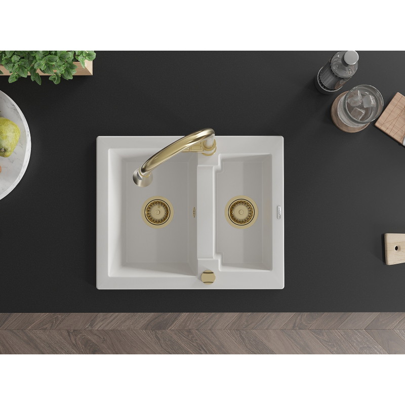 Mexen Carlos granite sink 1.5-bowl with Elia kitchen faucet, white - 6518-20-670101-50