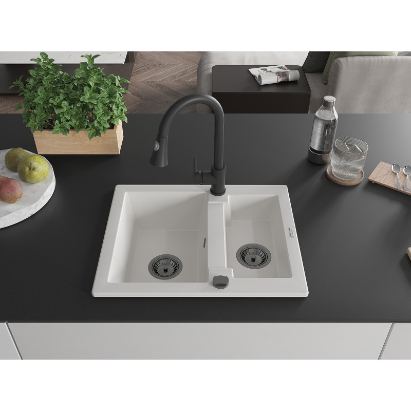 Mexen Carlos granite sink 1.5-bowl with Elia kitchen faucet, white - 6518-20-670101-70