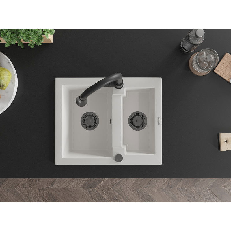 Mexen Carlos 1.5-bowl granite sink with Elia kitchen tap, white - 6518-20-670101-70