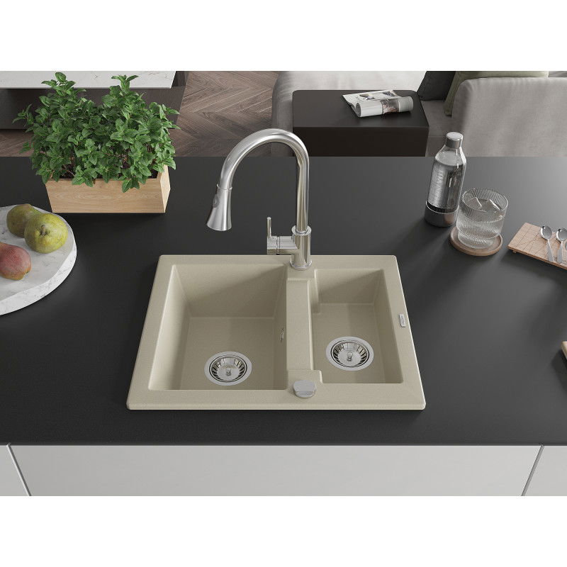 Mexen Carlos 1.5-bowl granite sink with Elia kitchen tap, beige - 6518-69-670101-00