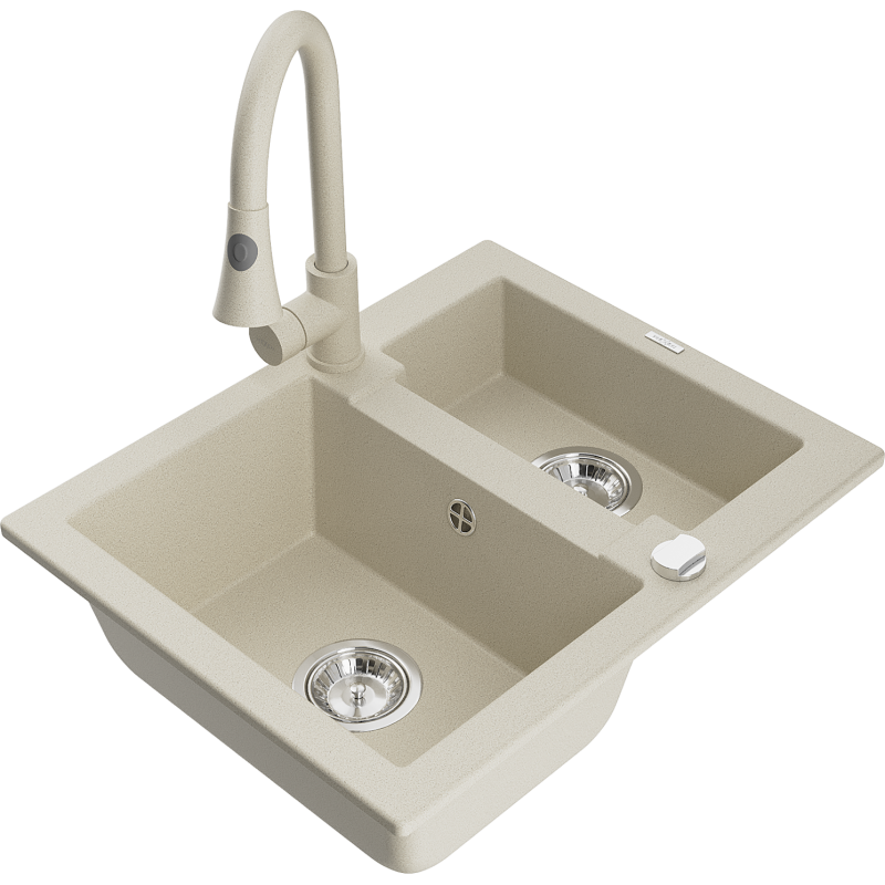 Mexen Carlos 1,5-compartment granite sink with a kitchen mixer tap Elia, Beige - 6518-69-670101-69