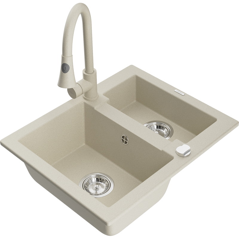Mexen Carlos granite sink 1.5-bowl with Elia kitchen faucet, beige - 6518-69-670101-69