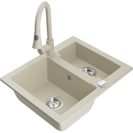 Mexen Carlos granite sink 1.5-bowl with Elia kitchen faucet, beige - 6518-69-670101-69