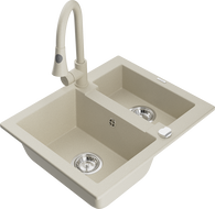 Mexen Carlos granite sink 1.5-bowl with Elia kitchen faucet, beige - 6518-69-670101-69
