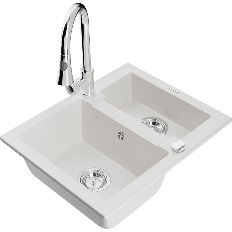Mexen Carlos 1.5-bowl granite kitchen sink with Elia kitchen tap, white - 6518-20-670101-00
