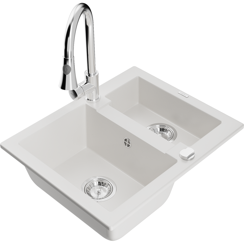 Mexen Carlos 1,5-compartment granite sink with a kitchen mixer tap Elia, White - 6518-20-670101-00