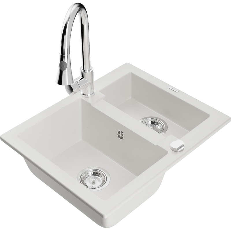 Mexen Carlos granite sink 1.5-bowl with Elia kitchen faucet, white - 6518-20-670101-00