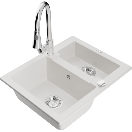 Mexen Carlos granite sink 1.5-bowl with Elia kitchen faucet, white - 6518-20-670101-00
