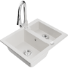 Mexen Carlos granite sink 1.5-bowl with Elia kitchen faucet, white - 6518-20-670101-00