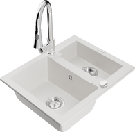 Mexen Carlos granite sink 1.5-bowl with Elia kitchen faucet, white - 6518-20-670101-00