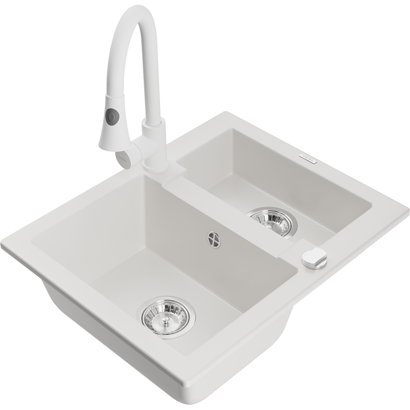 Mexen Carlos 1,5-compartment granite sink with a kitchen mixer tap Elia, White - 6518-20-670101-20