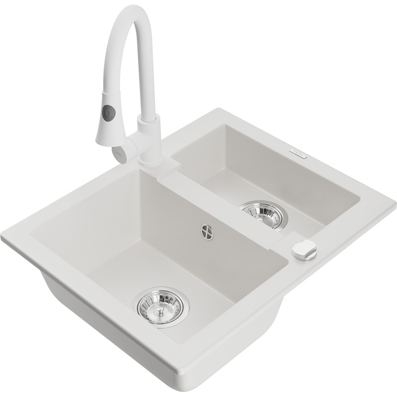 Mexen Carlos granite kitchen sink, 1.5-compartment with Elia kitchen faucet, white - 6518-20-670101-20