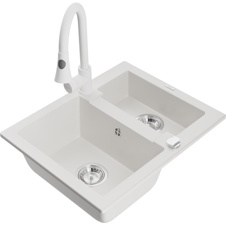 Mexen Carlos granite kitchen sink 1.5-bowl with Elia kitchen faucet, white - 6518-20-670101-20