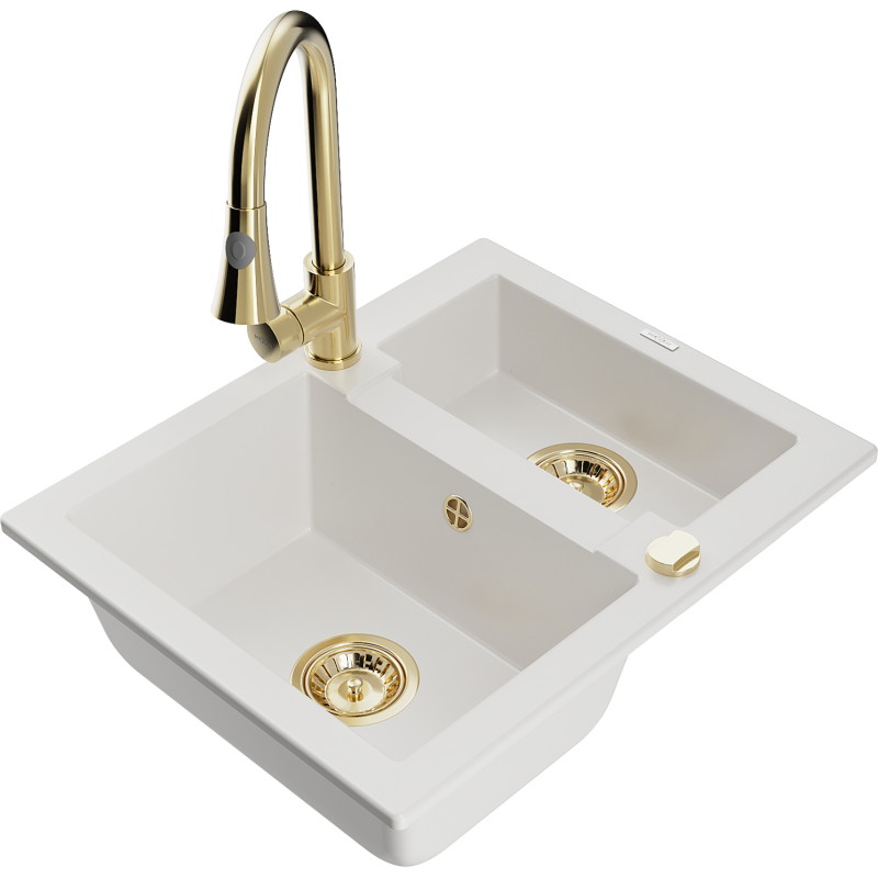 Mexen Carlos 1.5-bowl granite sink with Elia kitchen faucet, white - 6518-20-670101-50