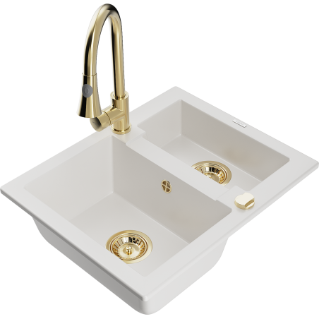 Mexen Carlos 1.5-bowl granite sink with Elia kitchen faucet, white - 6518-20-670101-50