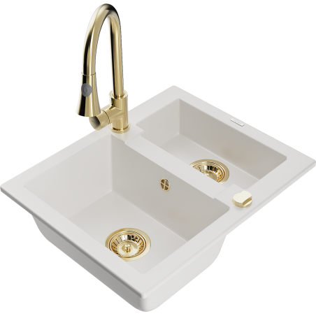 Mexen Carlos 1.5-bowl granite sink with Elia kitchen tap, white - 6518-20-670101-50