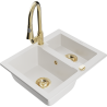 Mexen Carlos granite sink 1.5-bowl with Elia kitchen faucet, white - 6518-20-670101-50