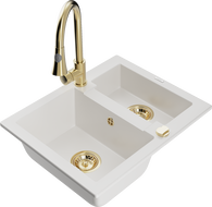 Mexen Carlos granite sink 1.5-bowl with Elia kitchen faucet, white - 6518-20-670101-50