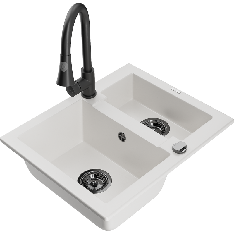 Mexen Carlos 1.5-bowl granite sink with Elia kitchen tap, white - 6518-20-670101-70