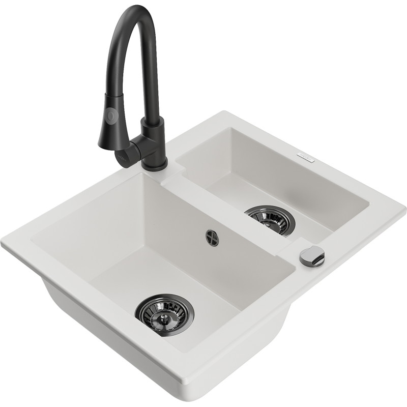Mexen Carlos granite sink 1.5-bowl with Elia kitchen faucet, white - 6518-20-670101-70