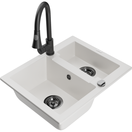 Mexen Carlos 1.5-bowl granite sink with Elia kitchen tap, white - 6518-20-670101-70