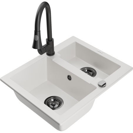 Mexen Carlos granite sink 1.5-bowl with Elia kitchen faucet, white - 6518-20-670101-70