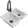 Mexen Carlos 1.5-bowl granite sink with Elia kitchen tap, white - 6518-20-670101-70