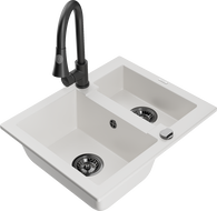Mexen Carlos granite sink 1.5-bowl with Elia kitchen faucet, white - 6518-20-670101-70