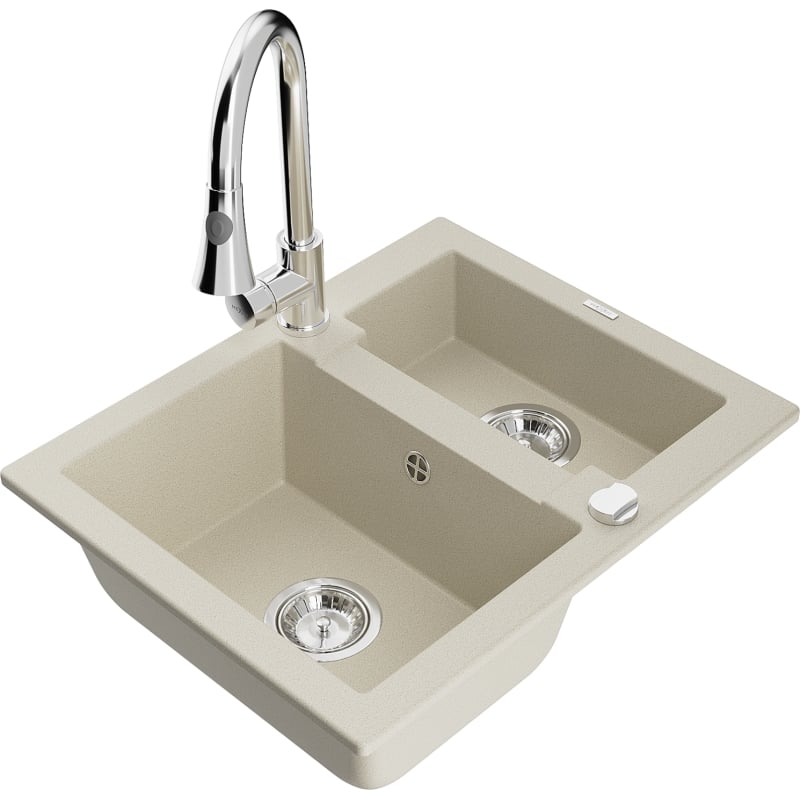 Mexen Carlos 1.5-bowl granite sink with Elia kitchen faucet, beige - 6518-69-670101-00