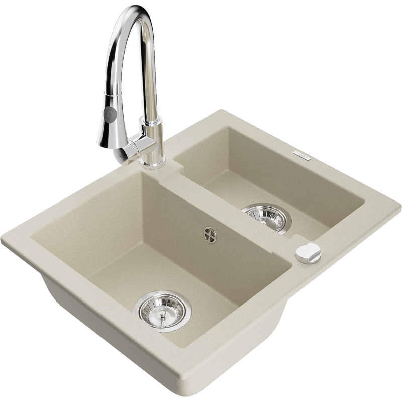 Mexen Carlos 1,5-compartment granite sink with a kitchen mixer tap Elia, Beige - 6518-69-670101-00