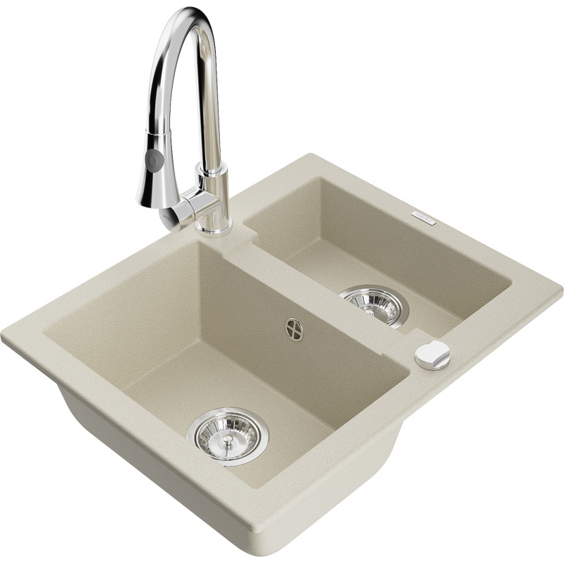 Mexen Carlos granite sink 1.5-bowl with Elia kitchen faucet, beige - 6518-69-670101-00