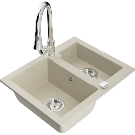 Mexen Carlos 1.5-bowl granite sink with Elia kitchen faucet, beige - 6518-69-670101-00