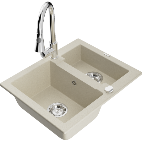 Mexen Carlos 1.5-bowl granite sink with Elia kitchen tap, beige - 6518-69-670101-00