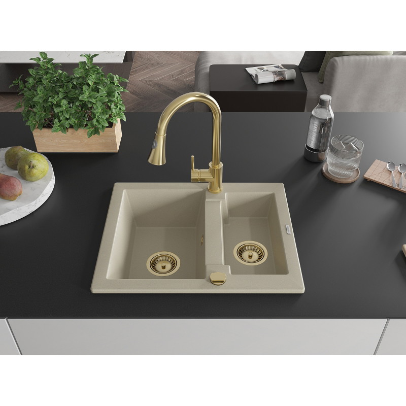 Mexen Carlos 1.5-bowl granite sink with Elia kitchen faucet, beige - 6518-69-670101-50