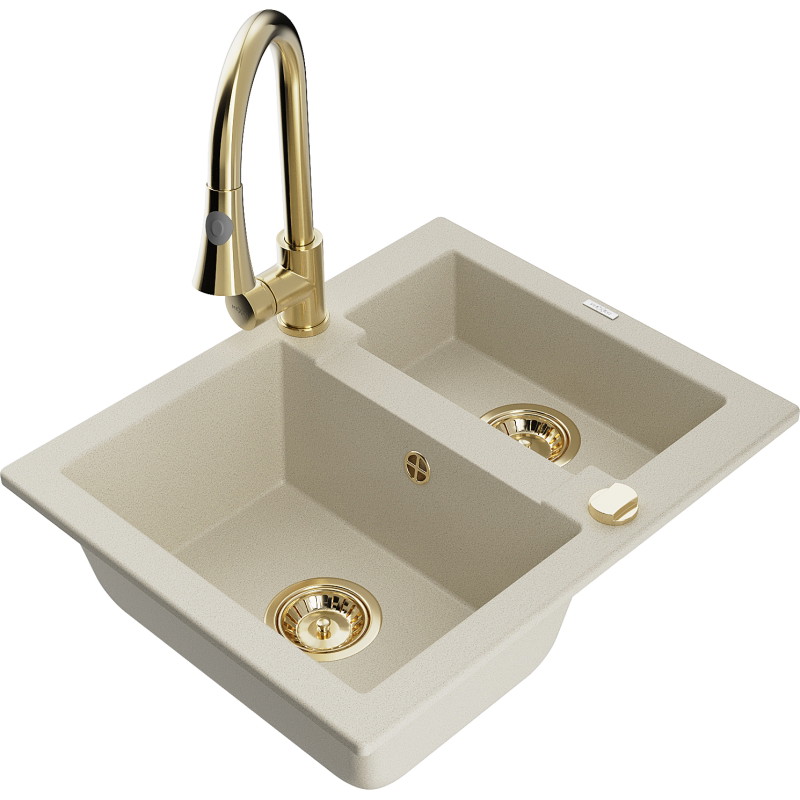 Mexen Carlos 1.5-bowl granite sink with Elia kitchen faucet, beige - 6518-69-670101-50