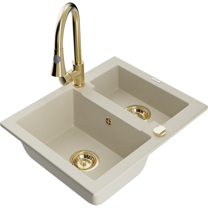 Mexen Carlos granite sink 1.5-bowl with Elia kitchen tap, beige - 6518-69-670101-50