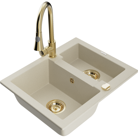 Mexen Carlos granit kitchen sink 1.5-bowl with Elia kitchen faucet, beige - 6518-69-670101-50