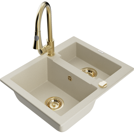Mexen Carlos granite sink 1.5-bowl with Elia kitchen tap, beige - 6518-69-670101-50