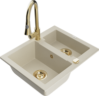 Mexen Carlos granit kitchen sink 1.5-bowl with Elia kitchen faucet, beige - 6518-69-670101-50