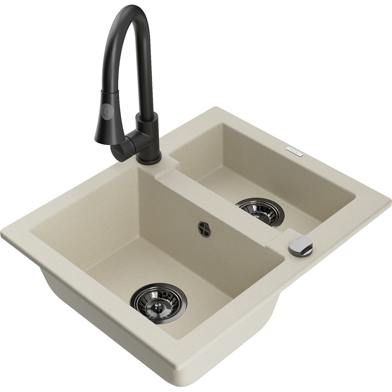 Mexen Carlos 1.5-bowl granite kitchen sink with Elia faucet, beige - 6518-69-670101-70