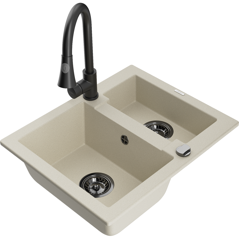 Mexen Carlos 1.5-bowl granite sink with Elia kitchen tap, beige - 6518-69-670101-70
