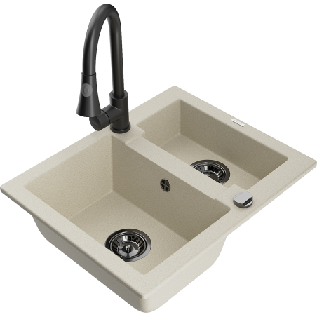 Mexen Carlos 1.5-bowl granite sink with Elia kitchen tap, beige - 6518-69-670101-70