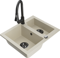 Mexen Carlos 1.5-bowl granite kitchen sink with Elia kitchen faucet, beige - 6518-69-670101-70