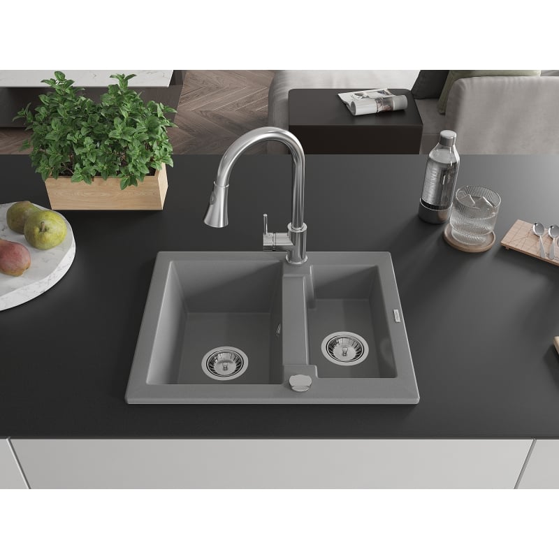Mexen Carlos 1.5-bowl granite sink with Elia kitchen faucet, gray - 6518-71-670101-00