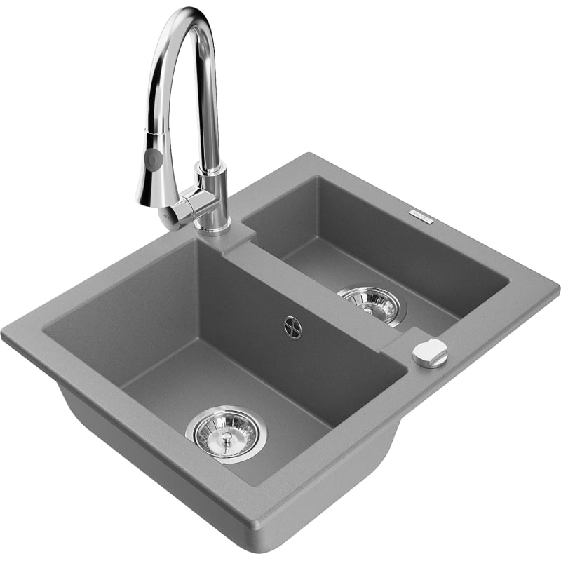 Mexen Carlos 1.5-bowl granite sink with Elia kitchen faucet, gray - 6518-71-670101-00