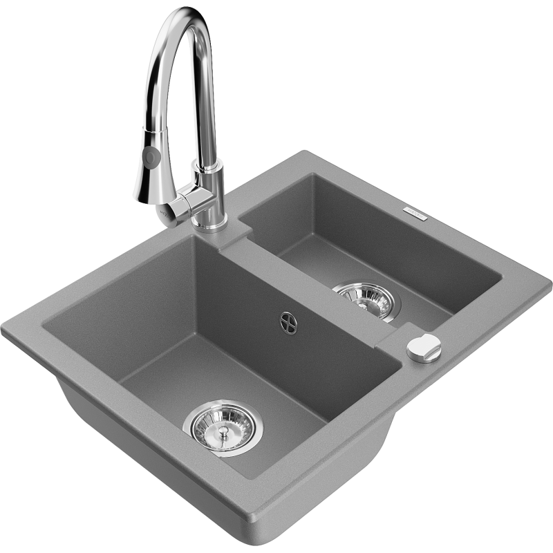 Mexen Carlos granite sink 1.5-bowl with Elia kitchen tap, grey - 6518-71-670101-00