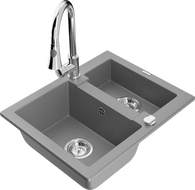 Mexen Carlos granite sink 1.5-bowl with Elia kitchen tap, grey - 6518-71-670101-00