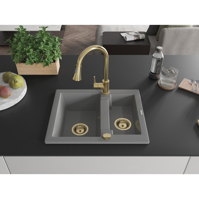 Mexen Carlos 1.5-bowl granite sink with Elia kitchen faucet, gray - 6518-71-670101-50