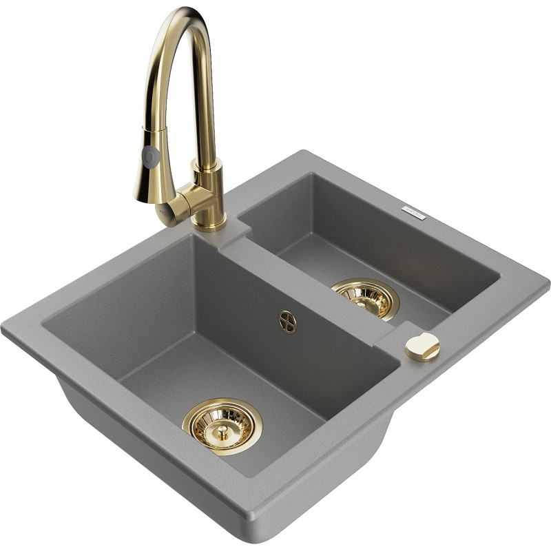 Mexen Carlos 1.5-bowl granite sink with Elia kitchen faucet, gray - 6518-71-670101-50
